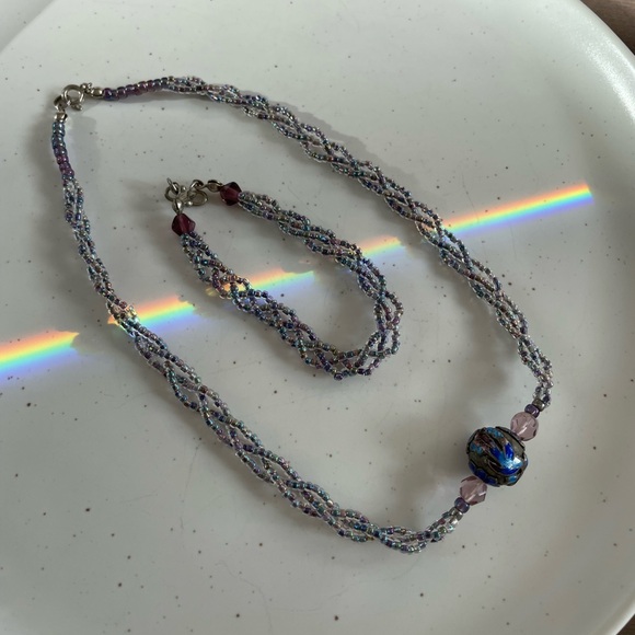 Vintage Braided Seedbead Peach Coral Amethyst Blue Necklace Bracelet Set XS - Picture 6 of 9